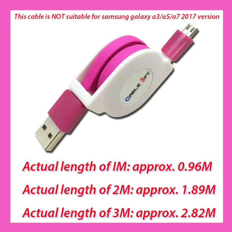 1/2/3 м микро USB Выдвижной кабель для зарядки для samsung Galaxy J3/J5/J7 A3/A5/A7 Портативный кабель для зарядного устройства длиной 3 м - Тип штекера: hot pink cable