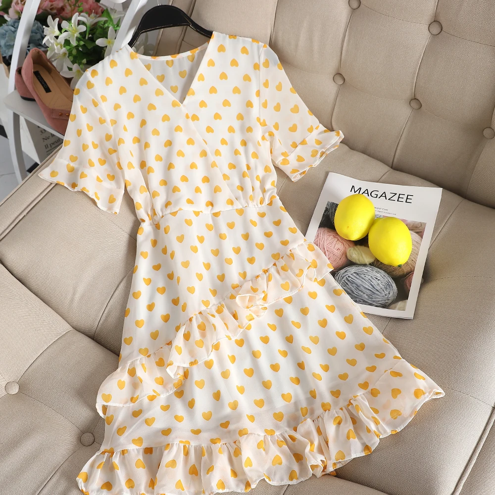 

SKOONHEID Fashion Summer Women Chiffon Print Dress V Neck Elegant Korean Heart Sundress Short Sleeves Vintage Beach Ruffle Dress
