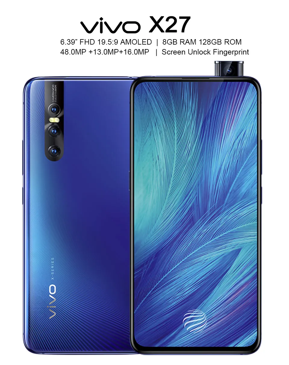 Stock Vivo X27 Elevating Camera 48.0MP Mobile Phone Snapdragon 710 Android 9.0 6.39" IPS 2340X1080 8GB RAM 256G ROM Octa core ddr5 ram