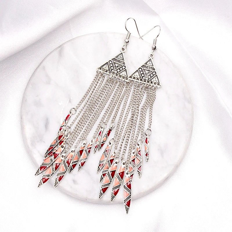 Amader 2018 Women's Geometric Alloy Long Chain Tassel Dangle Earrings Bohemia Triangle Alloy Drop Earrings HXE036