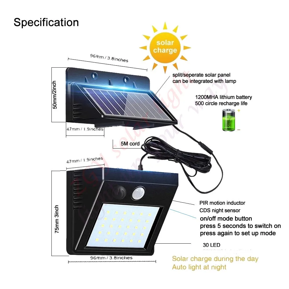 30 LED garden Solar Light Motion wall+lamps Security garage yard indoor home street deck fence solar lamps split panel 5M cable