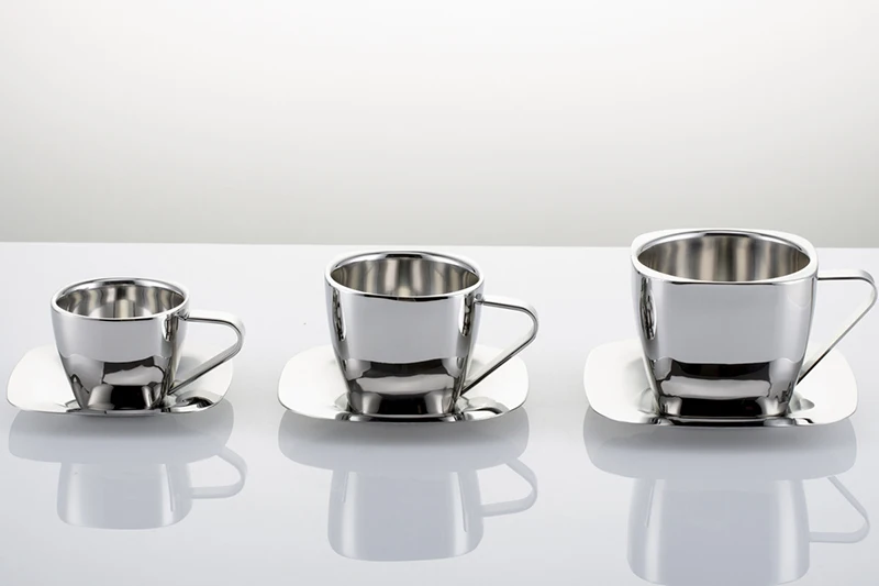 90/150/240ml Stainless Steel Coffee Cup Set Double Anti-hot Insulation Cups Creative Square Tea Cup and Saucer Milk Mug