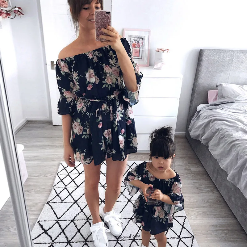 

Mom Daughter Summer Floral Print Off-shoulder Dress with Half Sleeve Belt S7JN