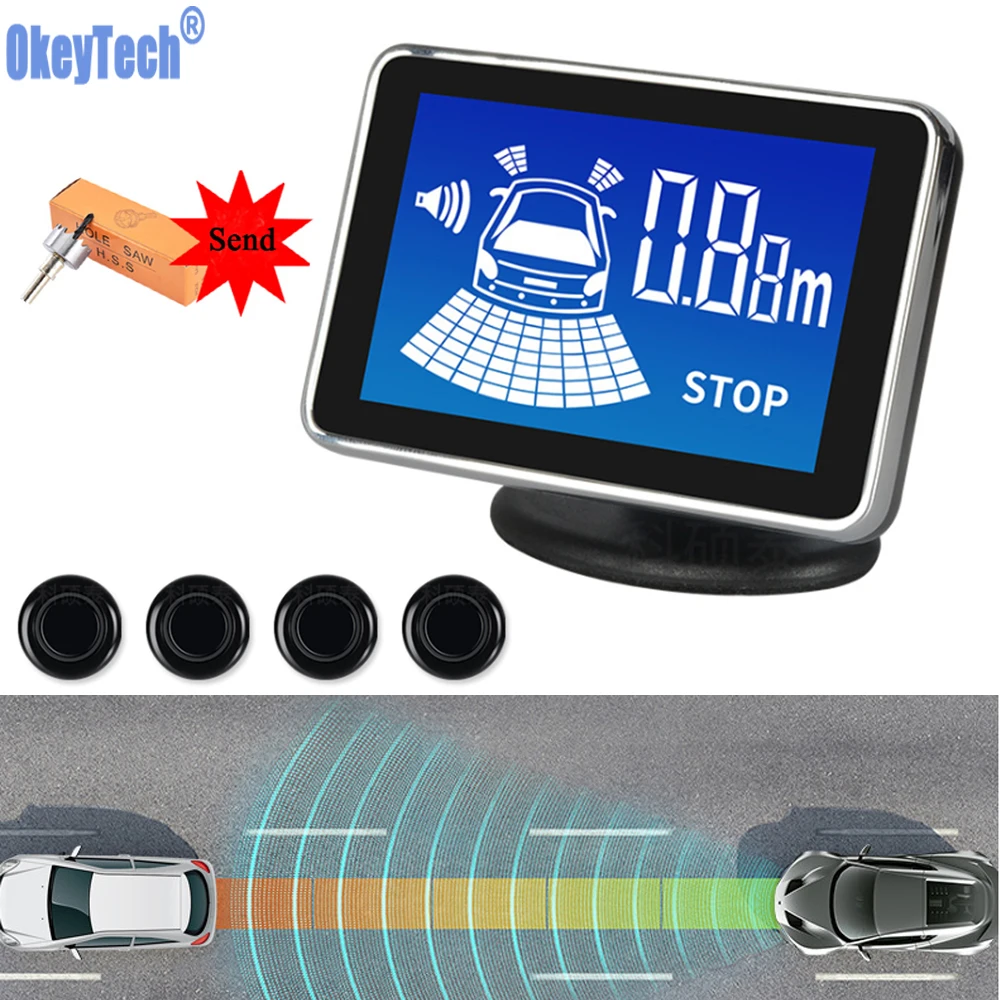 

OkeyTech Auto Parktronic Display LCD Parking Sensor 4 Reverse Sensors Car Parking Radar Assistance Alarm System FOR All Car