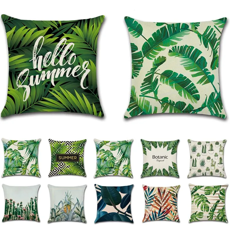 

Tropical Plants Cactus Monstera Cushion Cover Palm Leaf Green Leaves Cotton Linen Car Decorative Pillows Home Pillowcase 40027-1