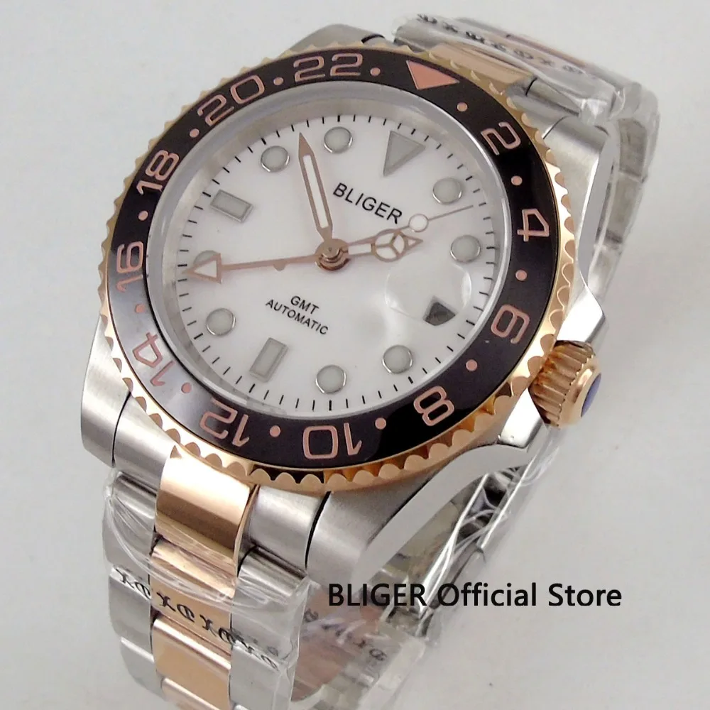 

Fashion BLIGER 40mm White Dial stainless Steel case top Sapphire GMT brand Luxury automatic movement Mechanical Watches b159