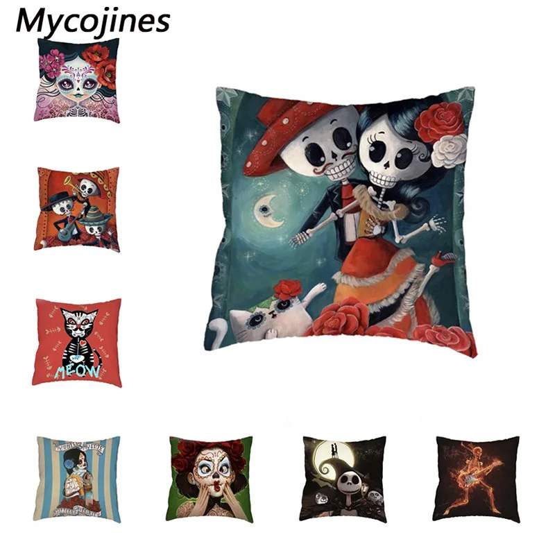 

The Day of the Dead Sugar bone Printed Polyester Peach Skin Cushion Cover Rose Guitar Home Living Room Sofa Decorate Pillowcase