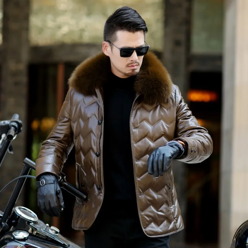 Men Coat White Duck Down Puffer Parka Genuine Leather Thicken Warm Outwear Real Fox Fur Collar Motorcycle Mid Length Men Coat White Duck Down Puffer Parka Genuine Leather Thicken Warm Outwear Real Fox Fur Collar Motorcycle Mid Length
