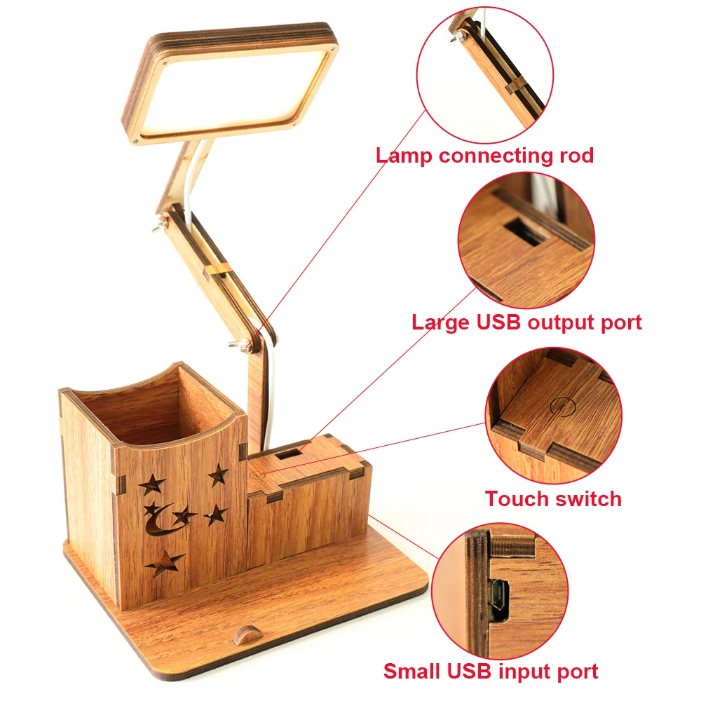 Rechargeable Wooden LED Desk Lamp with Brush Pot& Phone Holder Base Vintage Deco Dimmer Study Table Lamps for the Bedroom