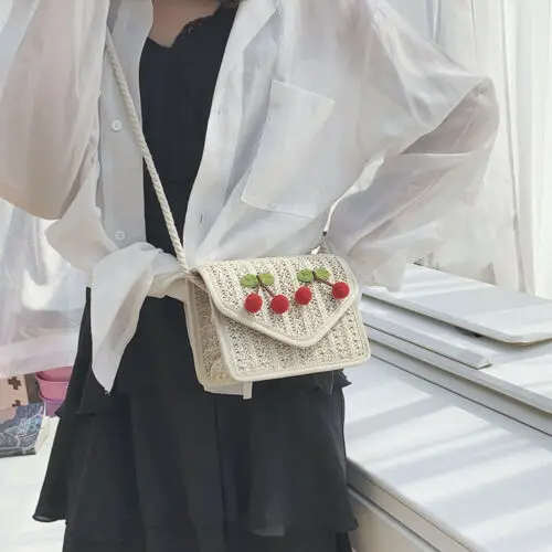 Women Boho Exotic Floral Straw Beach Messenger Bag Weave Cloth Handbag Tote Bag Ladies Hand-woven bag Smart Wallet