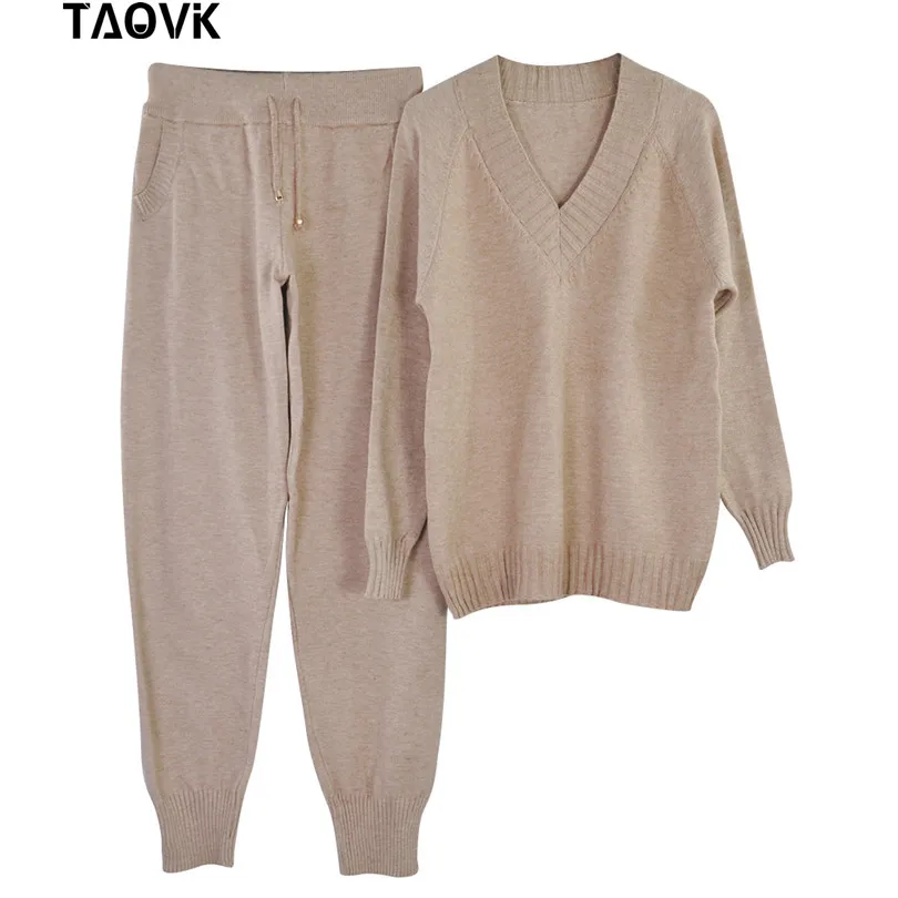 TAOVK, мягкий зимний Трикотажный костюм, женские комплекты, уличная одежда, свитера с v-образным вырезом, эластичные штаны, комплект из двух предметов, комплект из 2 предметов, домашний костюм - Цвет: Khaki