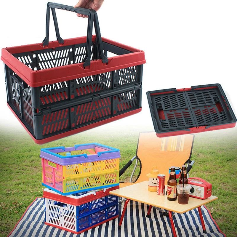 

Collapsible Plastic Storage Crate with Folding Handles Container Grated Wall Foldabl Utility Shopping Carry Basket Tote Handle