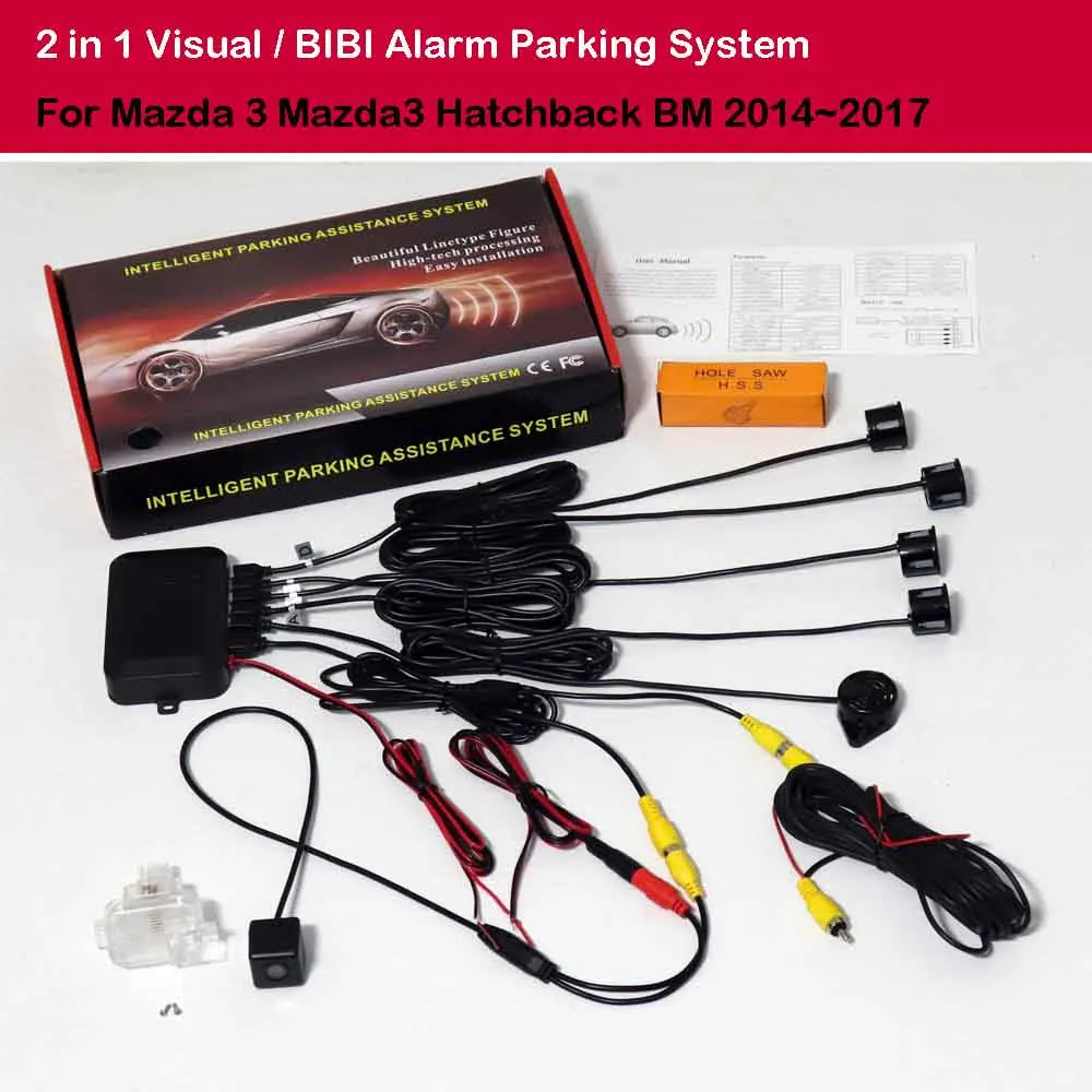 

Car Parking Sensors + Rear View Camera =2 in 1 Visual / BIBI Alarm Parking System For Mazda 3 Mazda3 Hatchback BM 2014~2017