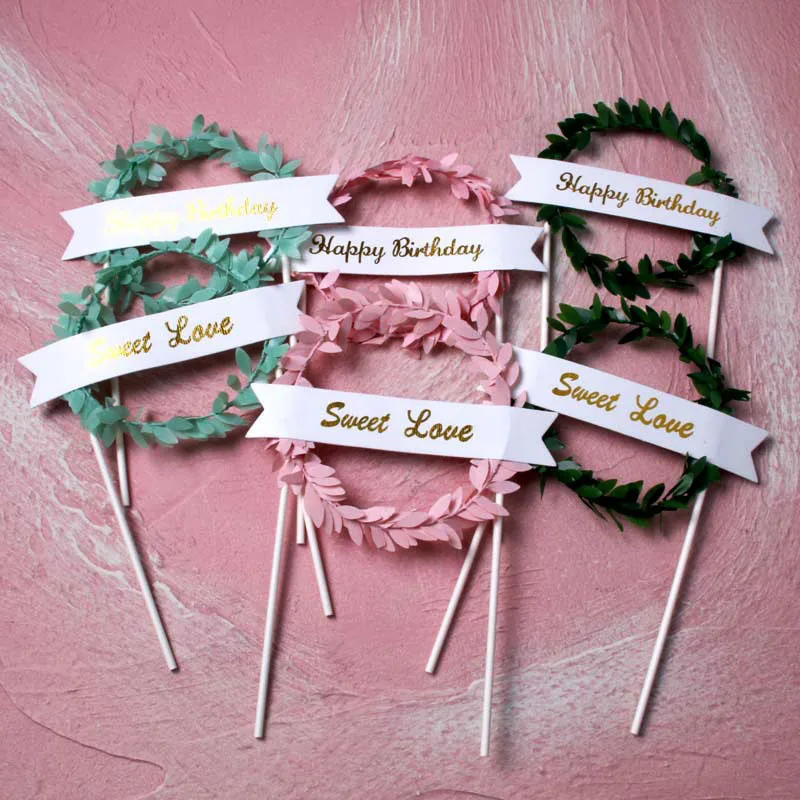 1 Pcs Leaf Wreath Cupcake Cake Topper Happy Birthday Sweet Love Cake Top Flags for Love Family Birthday Party Cake Decoration