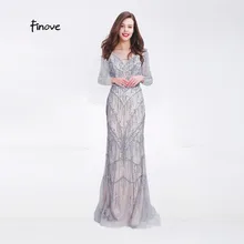 Finove Новое поступление вечернее платье шикарное серебряное полностью вышитое бисером с кисточками Длинные рукава прямые в пол вечерние женские платья