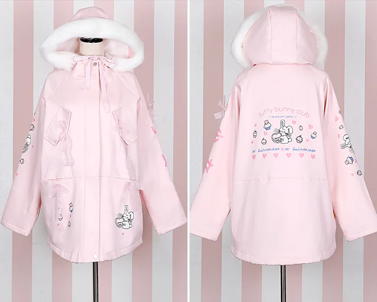 Новинка, зимние женские милые Куртки Harajuku с розовым кроликом из мультфильма, kawaii, милый наряд на молнии для девочек с капюшоном, розовое пальто