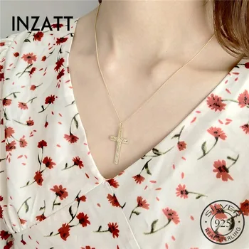 

INZATT Classic Cross 45cm 55cm Chain Pendant Necklace Gold Color 925 Sterling Silver Fashion Jewelry For Women Accessories Gift