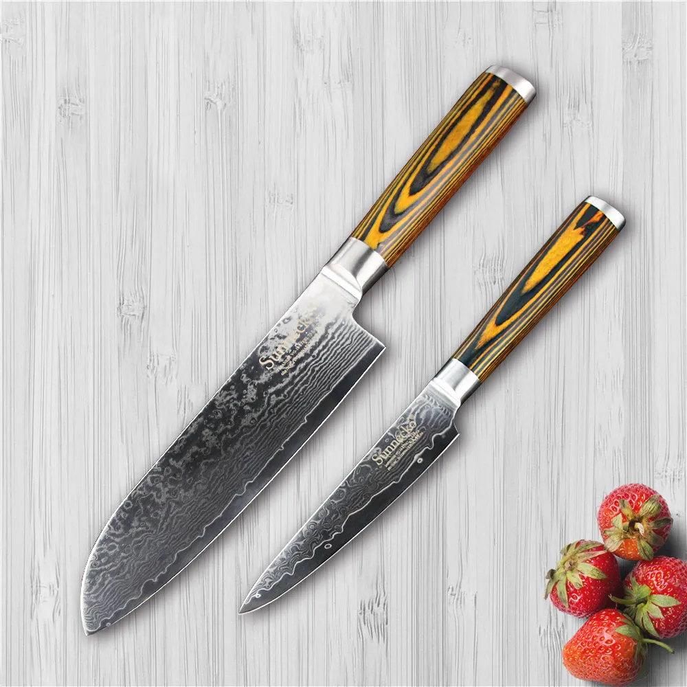SUNNECKO 2 шт. Дамаск Кухня Santoku утилита Ножи комплект японский VG10 Сталь чётко Цвет деревянной ручкой шеф-повар Пособия по кулинарии ножей
