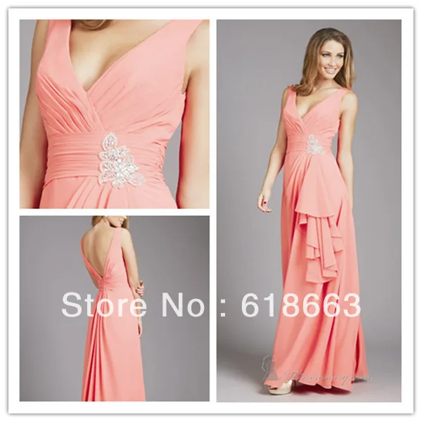LB0027 Salmon Pink A Line V Neck Slim Straps Pleated and Crystal Long