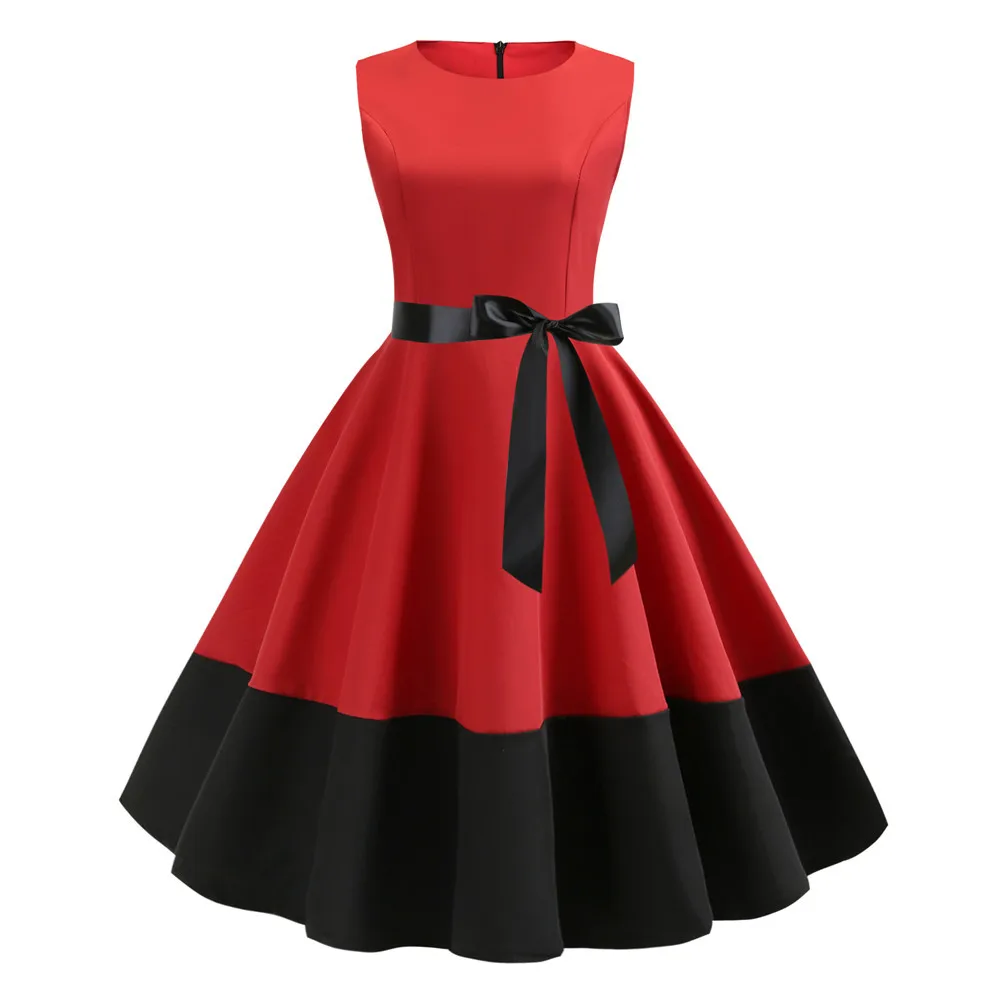 Женское летнее платье с поясом без рукавов элегантное РЕТРО 50s 60s Robe Rockabilly Swing Pinup без рукавов вечерние платья - Цвет: JY13880-red