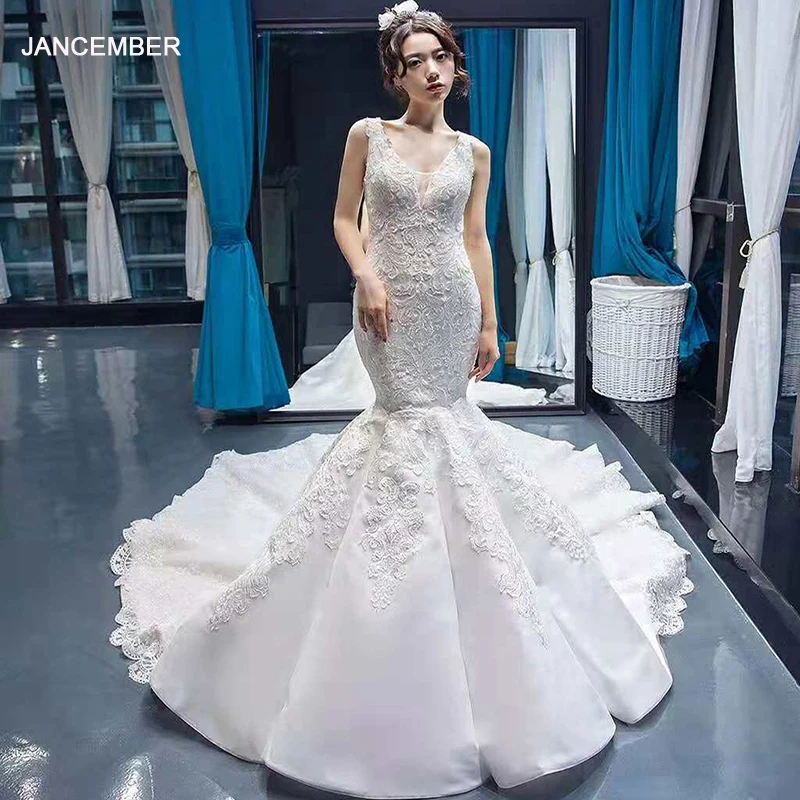 

J66685 jancember satin wedding dress mermaid v-neck sleeveless trumpet bridal dress 2019 lace up back vestido de novia sirena