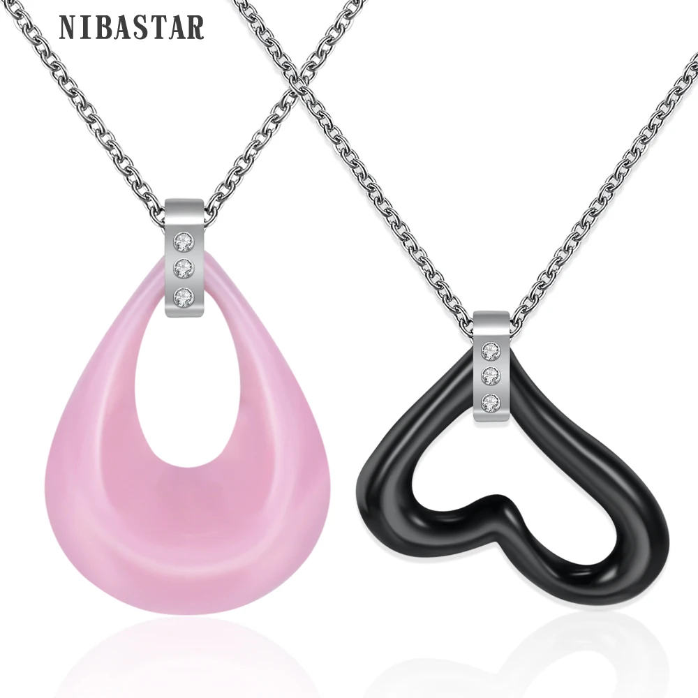 

Simple Style AAA Cubic Zircon Tear And Heart Shape Pink Black White 3 Colors Ceramic Pendants Women Necklace Classic Cute Gift