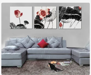 

Large 3 panel China Ink wash Black and Red lotus Flower Painting Flower Wall Art Watercolor Painting Blossom Home Decoration