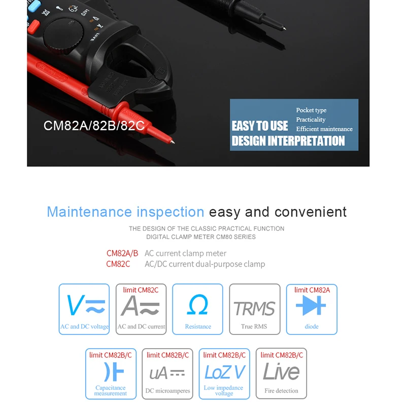 Клещи CM82A/CM82B/CM82C мультиметр с автоматическим переключением диапазонов переменного/постоянного тока Pinza Amperimetrica истинный измеритель предельной синусоидальной мощности тестер напряжения