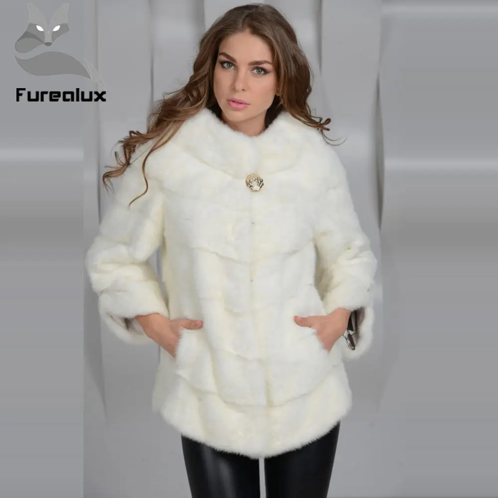Женская Шуба из меха норки Furealux короткая шуба натурального с воротником-стойкой