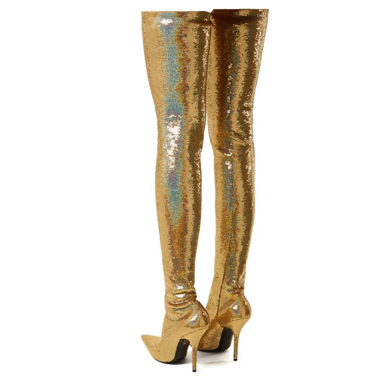 

Latest Golden/Silver Bling Sequined Women Pointed Toe High Heel Boots Sexy Over Knee Boots Sexy Thigh High Party Boots Big Size