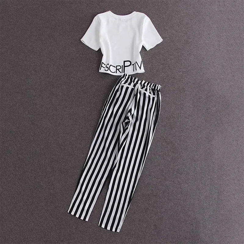 lounge wear sets 2019 Women Summer Fashion T-Shirts Sets Short Sleeve Letter Print Crop Tops And Striped Elastic Waist Pants Set plus size pjs