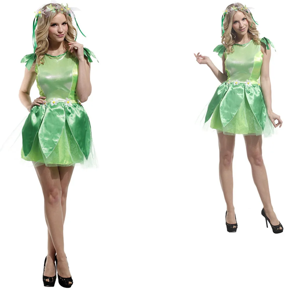 

Halloween Cosplay Costume women Female Flower Fairy Elf Performance Costume Adult Princess Skirt Forest Green Elf Dress