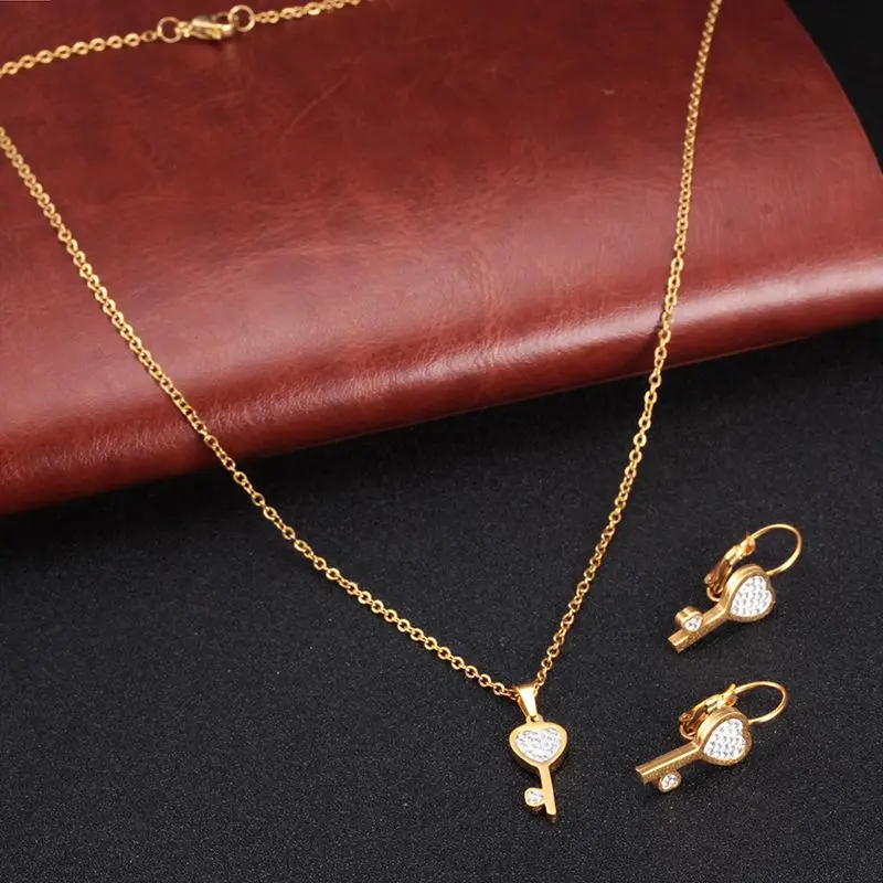 

Trendy Crystal Key Pendant Necklace Earring Jewelry Set Cross Pendant Flower Necklace Jewelry for Women Brand Jewelry Bijoux