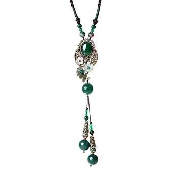 

Amidst the Jiangnan green agate necklace long paragraph sweater chain vintage ornaments female ethnic style pendant accessories