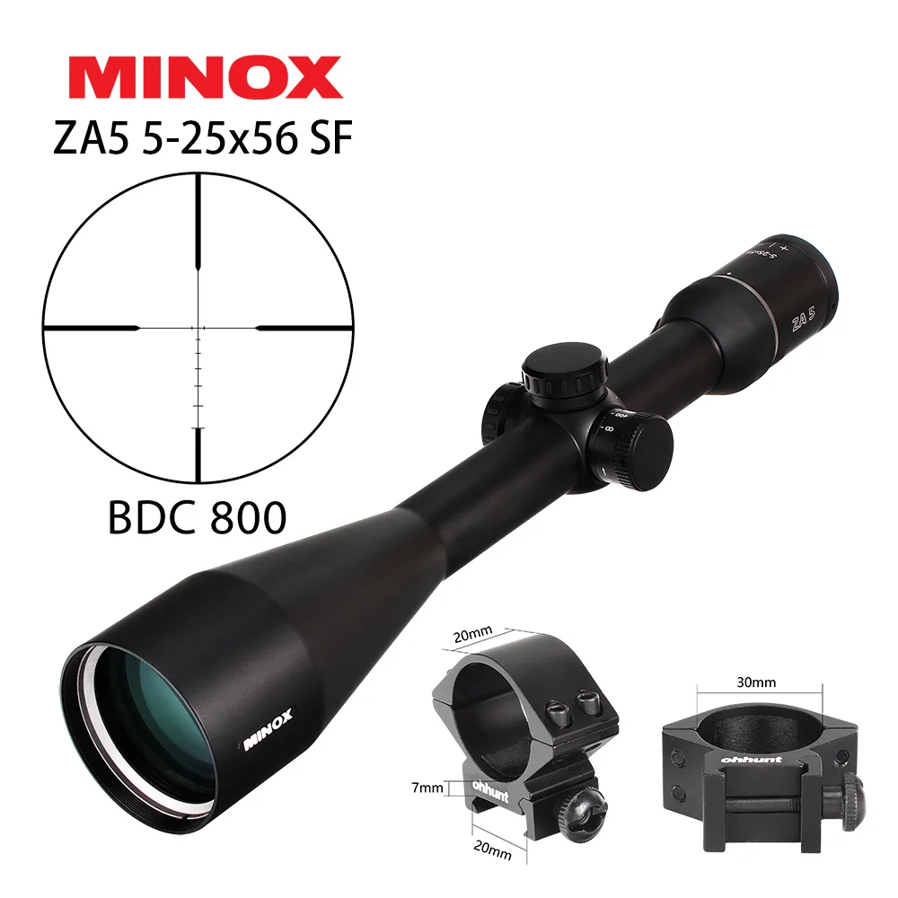 MINOX ZA5 5-25x56 SF охотничьи оптические прицелы 30 мм трубка BDC 800 сетка боковая параллакса тактическая съемка прицел с креплением кольца - Цвет: with Picatinny Ring