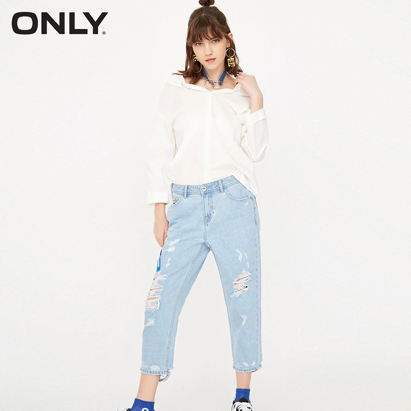 

ONLY Brand 2019 NEW COTTON100% distressed hole letter decoration boyfriend style denim ankle-length pants women jeans |11736I505