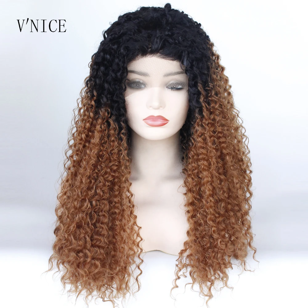 Долго афро кудрявый вьющиеся темные корни Ombre коричневый парик высокого Температура волокна синтетические Синтетические волосы на