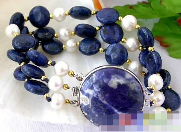 

FREE SHIPPING>>>@@ > 08648 3ROW NATUREL blue coin lapis lazuli pearl BRACELET