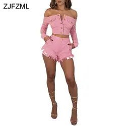 ZJFZML кисточкой с открытыми плечами деним комплект из 2 частей для женщин Slash средства ухода за кожей Шеи укороченный топ длинными рукавами +