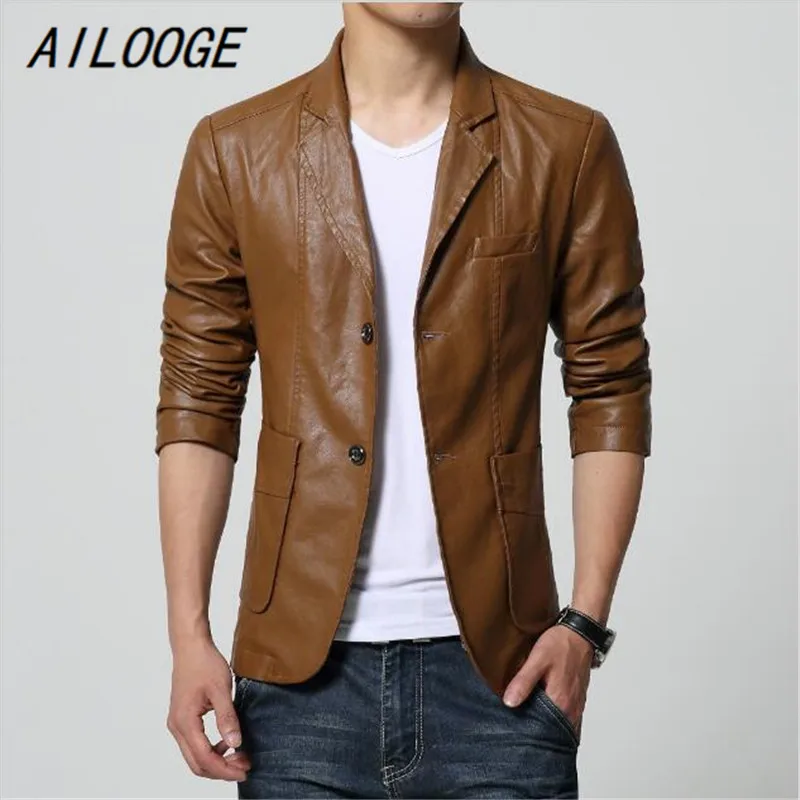 AILOOGE 2017 new arrival blazer men PU faux leather Slim coat brand