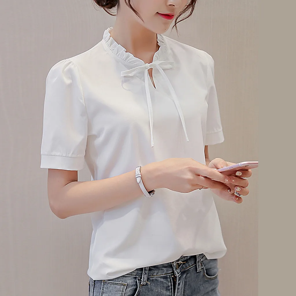 Women Fashion Blouse 2019 Women Summer Work Office Short Sleeve Bow Tie Solid Chiffon Blouse Tee Shirt Top