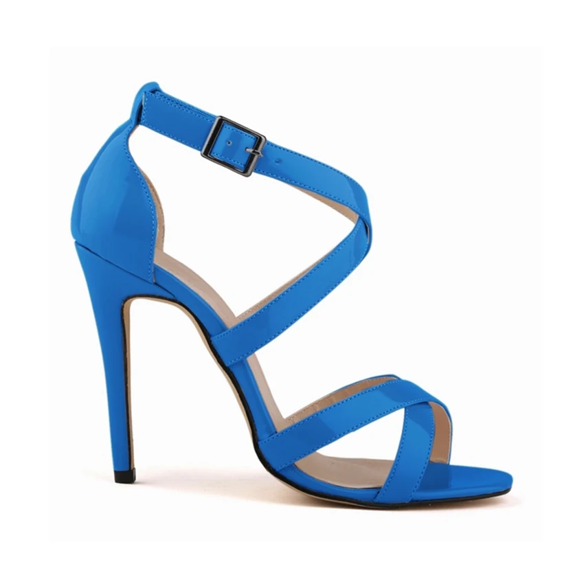 LOSLANDIFEN New Fashion Women Thin Heels Pumps Open Toe Ankle Straps High Heels Shoes Summer Pumps Patent Leather 102-1A-PA