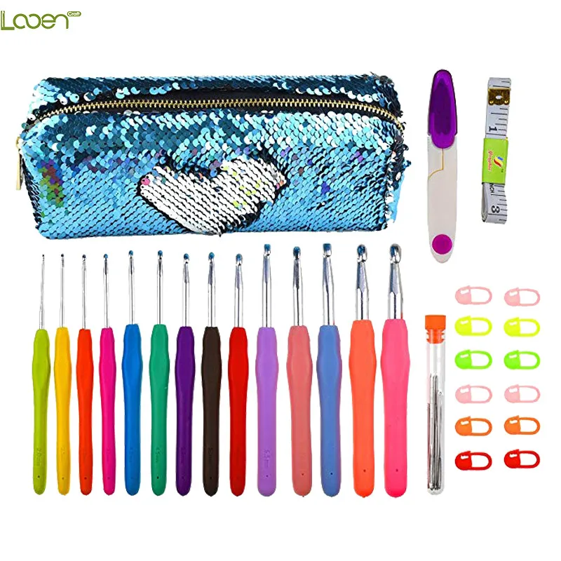 Looen Crochet Hook Set 14pcs Mix 2.0-10.0mm Extra Long Ergonomic Rubber Soft Handle Grip Knitting Hooks Needles with Storage Bag (6)