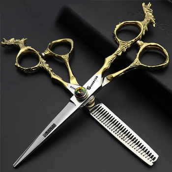 

Barber Salon Cut Hair Scissors 6 Inch Gold Cutting Shears Dragon Thinning Scissors Japan 440c Professional Clipper Berber Makas