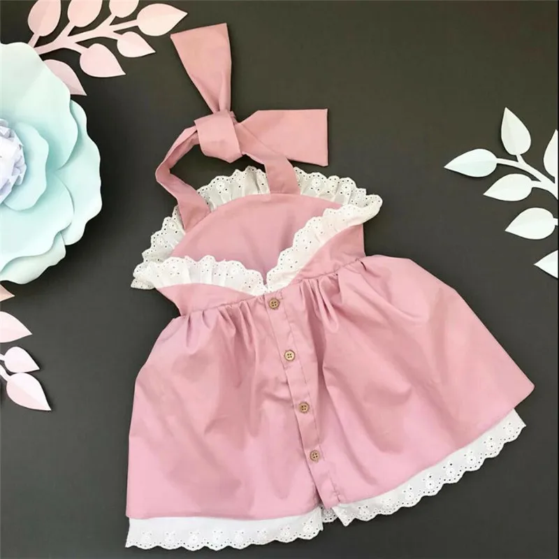 

6M-4Y Lovely Kids Baby Girls Summer Lace Dress Sleeveless Halter Belt Party Princess Dresses Backless Button Baby Girl Sundress