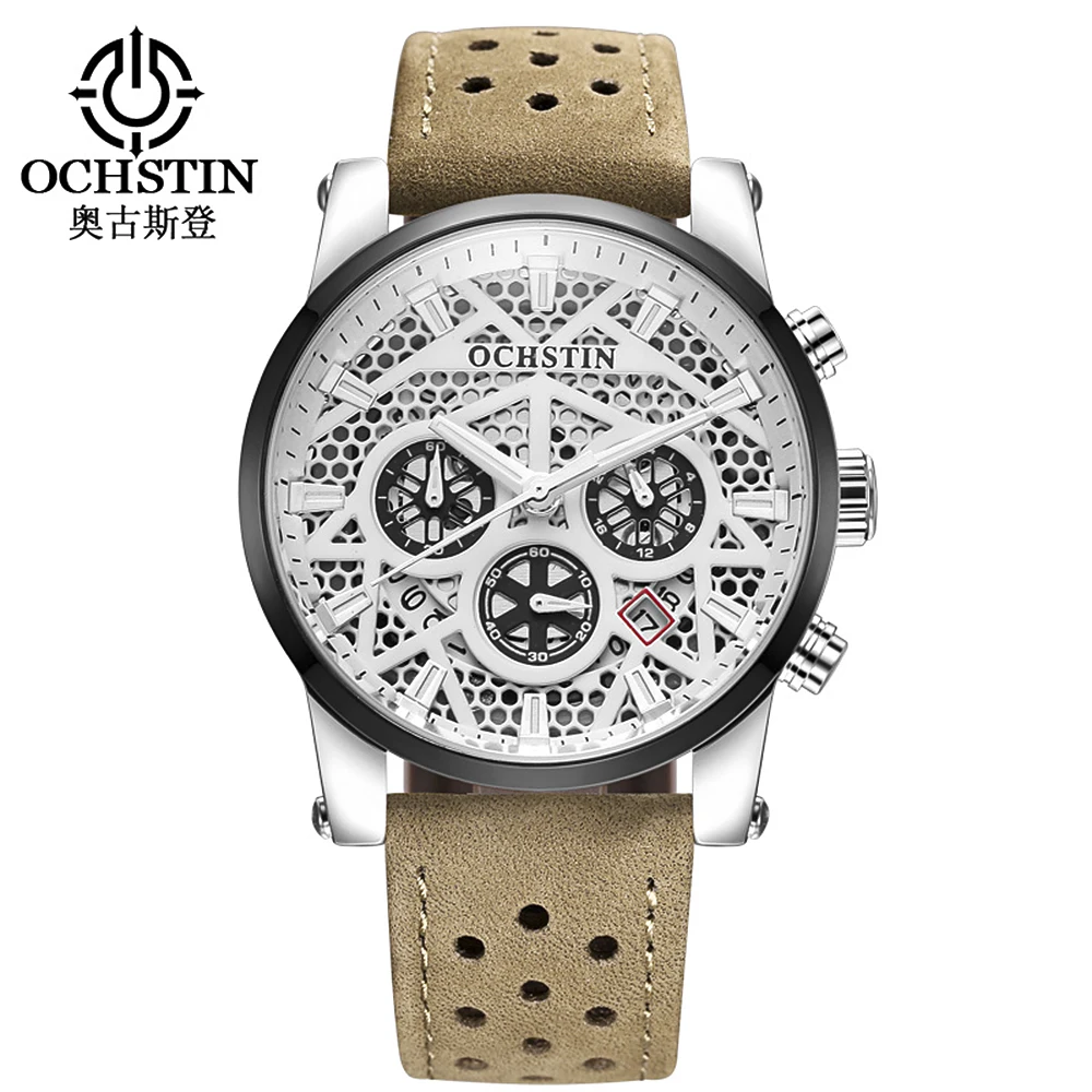 

OCHSTIN Brand Luxury Genuine Leather Quartz Skeleton Men Watches Luminous Water-Proof Man Casual Wristwatch Calendar + Box