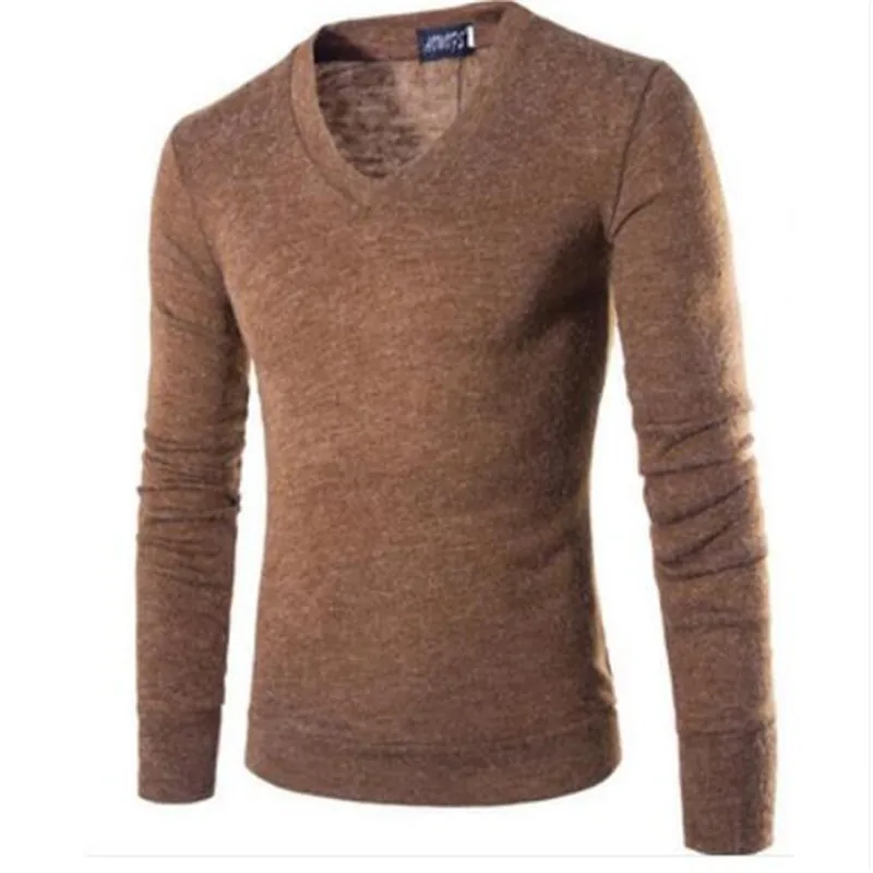 Pull Homme свитера с v-образным вырезом Стильный вязаный мужской свитер с длинными рукавами мужские однотонные длинные свитера пуловер 7 цветов - Цвет: coffee