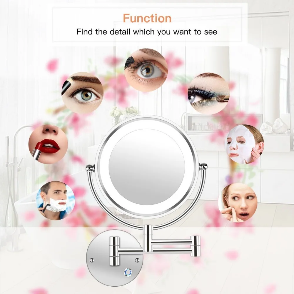 

8.5" LED Double Sided Swivel Wall Mount Vanity mirror-10x Magnification,13.7" Extension,Touch Button Adjustable Light