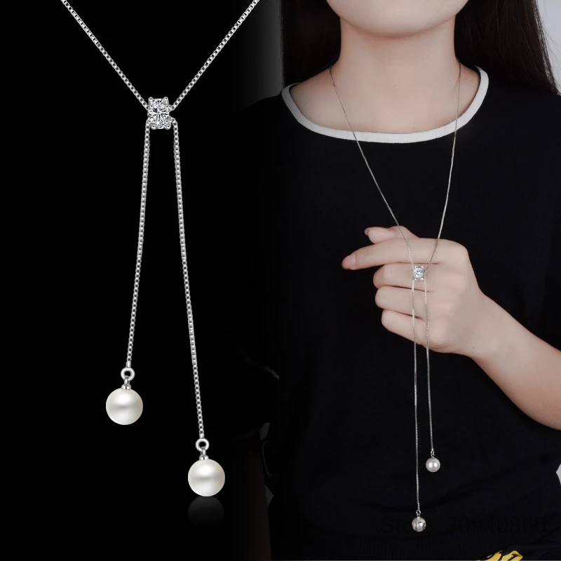 Простое модное 925 пробы Серебряное ожерелье с цирконием и жемчугом Длинная цепочка под свитер ожерелье s для женщин колье ожерелье S-N168