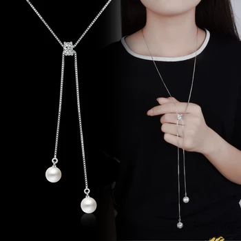 

Simple Fashion 925 Sterling Silver Necklace Zirconia Pearl Sweater Long Chain Necklaces For Women choker collares S-N168